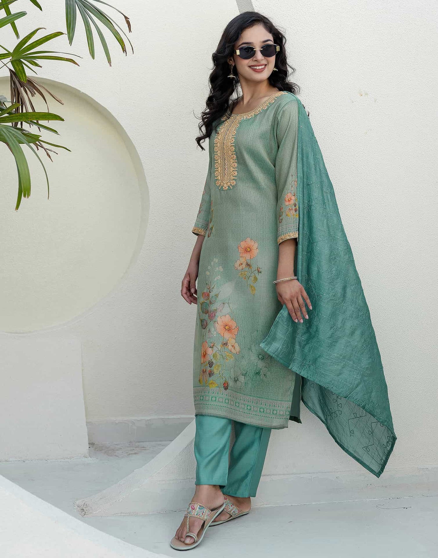 Silk Embroidered Straight Kurta with Pant & Dupatta