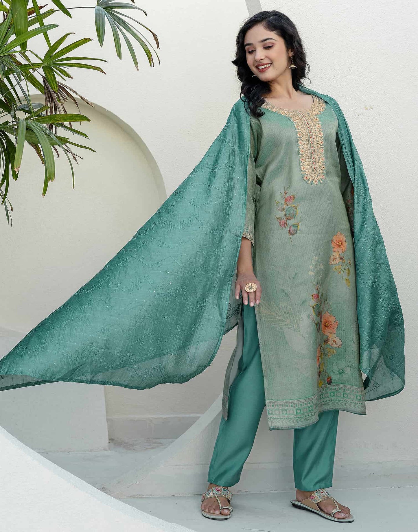 Silk Embroidered Straight Kurta with Pant & Dupatta