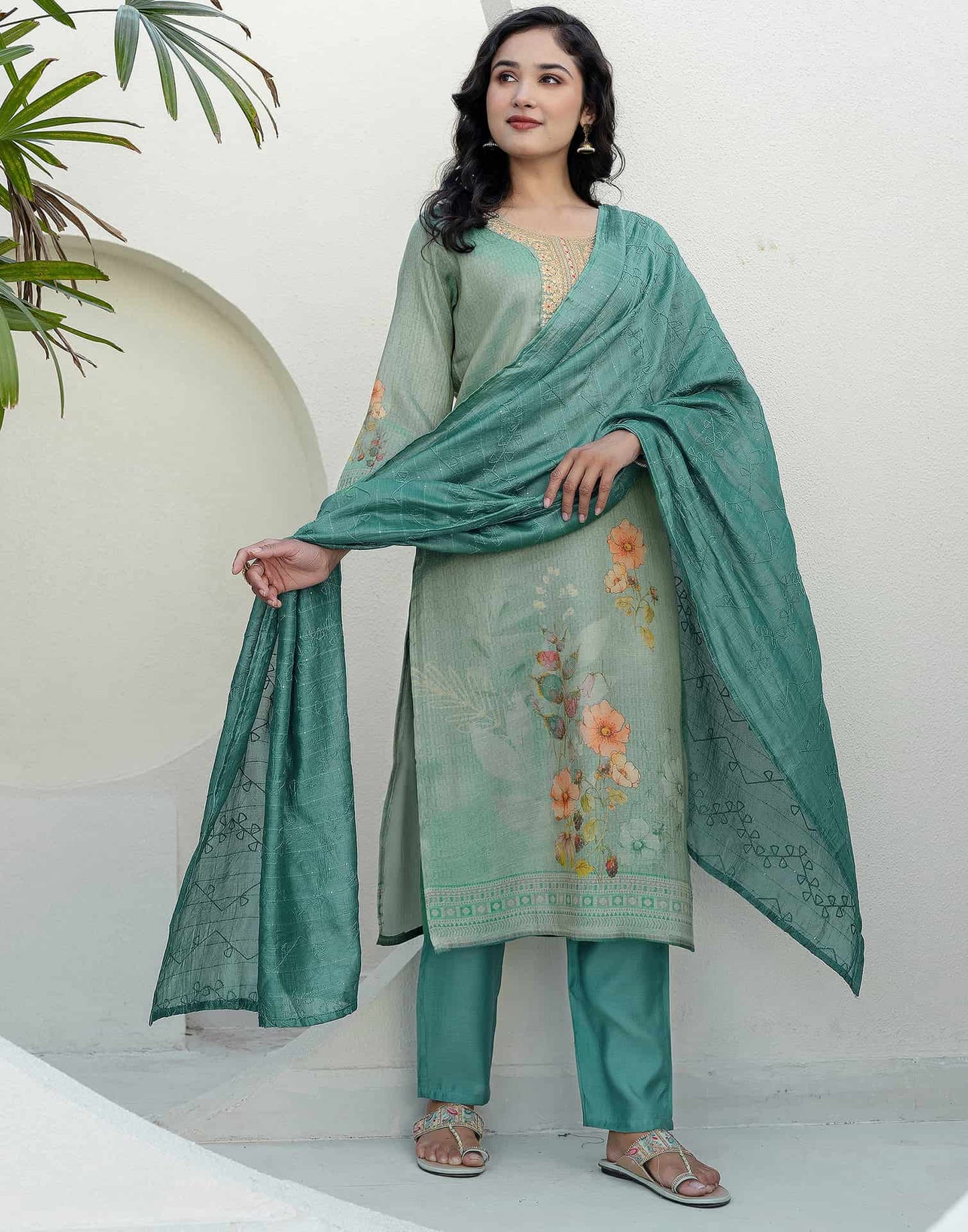 Silk Embroidered Straight Kurta with Pant & Dupatta