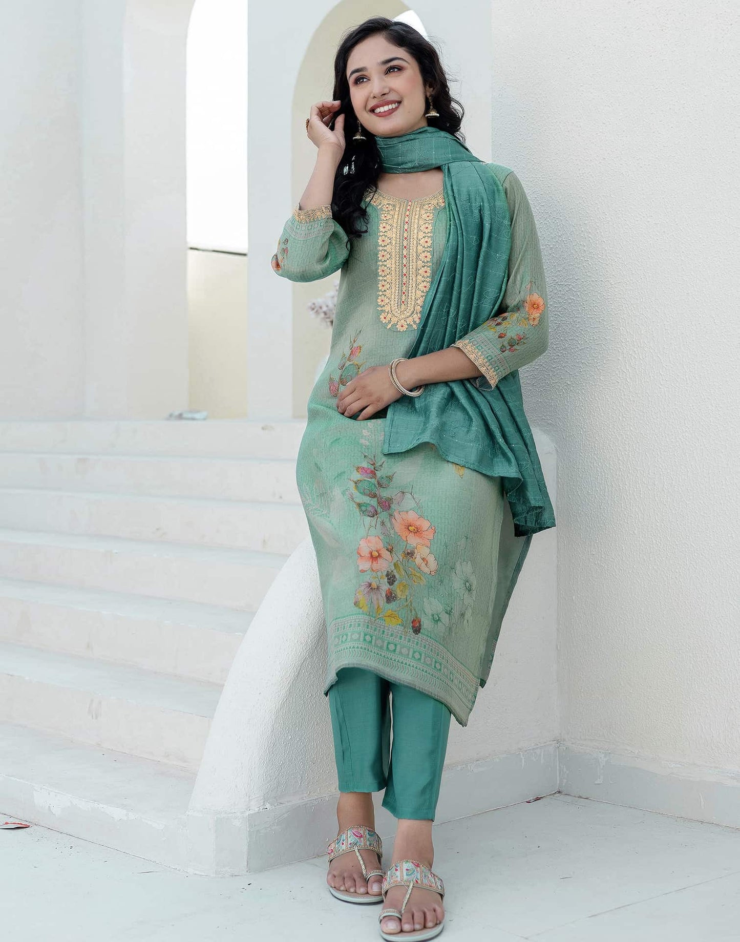 Silk Embroidered Straight Kurta with Pant & Dupatta
