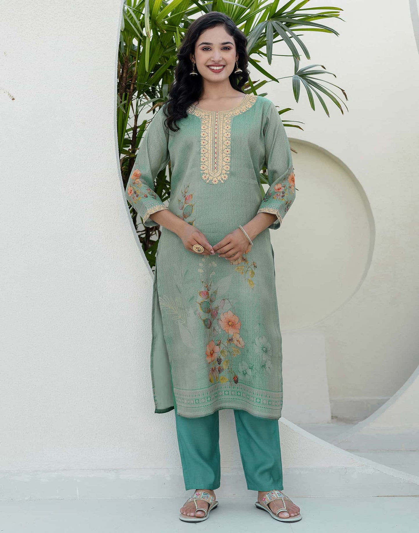 Silk Embroidered Straight Kurta with Pant & Dupatta