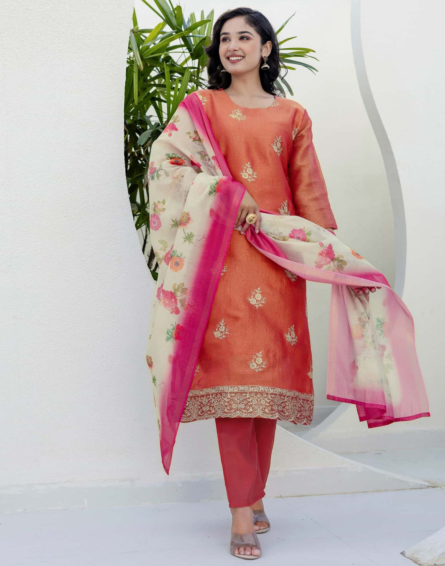 Silk Blend Embroidery and Sequins Work Straight Kurta with Pant & Dupatta