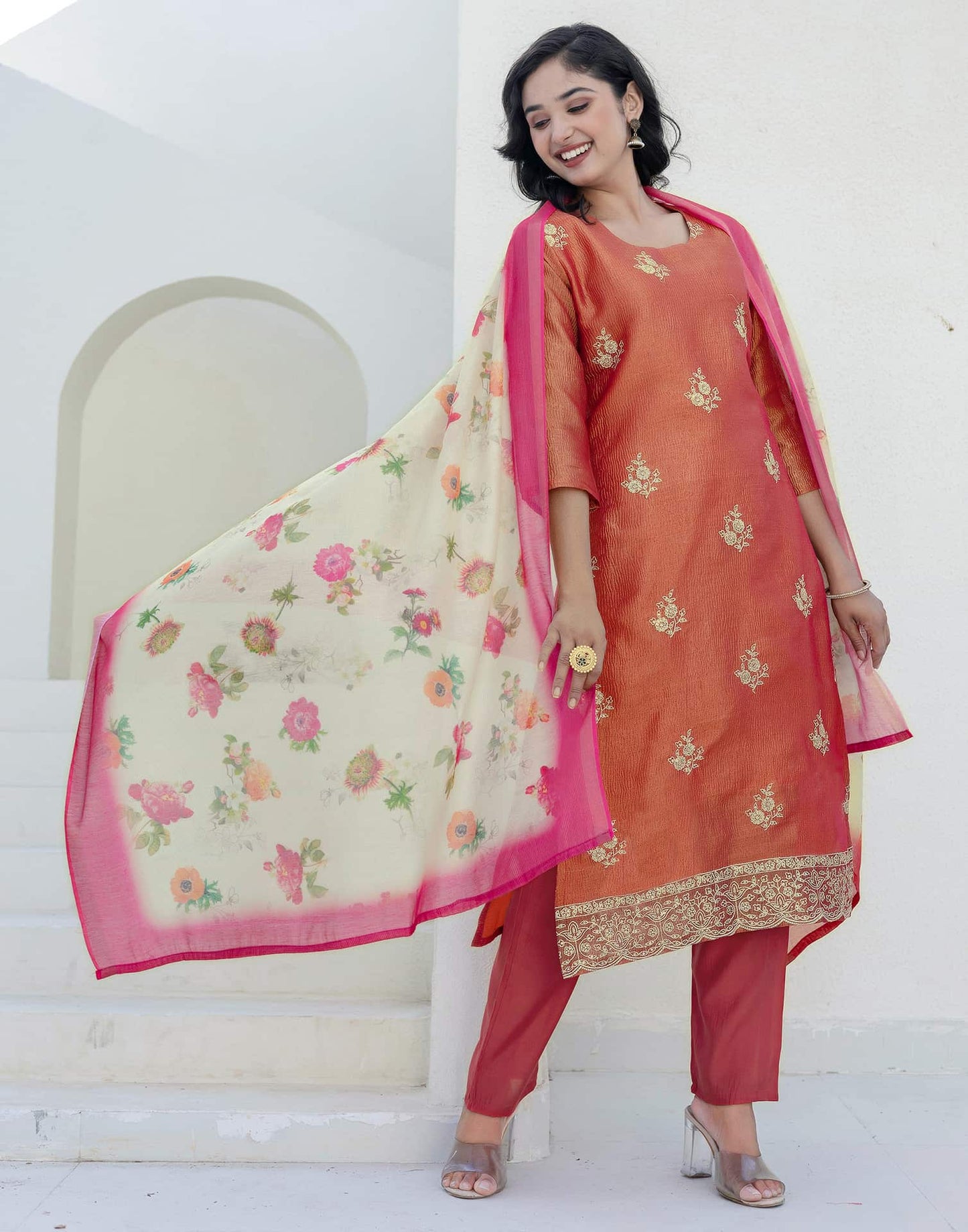 Silk Blend Embroidery and Sequins Work Straight Kurta with Pant & Dupatta