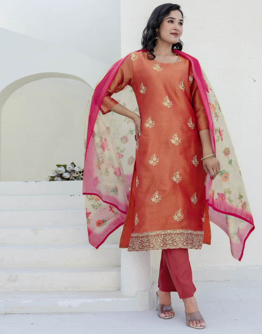Silk Blend Embroidery and Sequins Work Straight Kurta with Pant & Dupatta