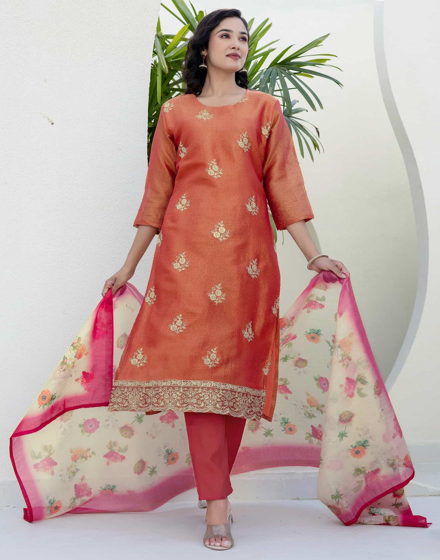 Silk Blend Embroidery and Sequins Work Straight Kurta with Pant & Dupatta