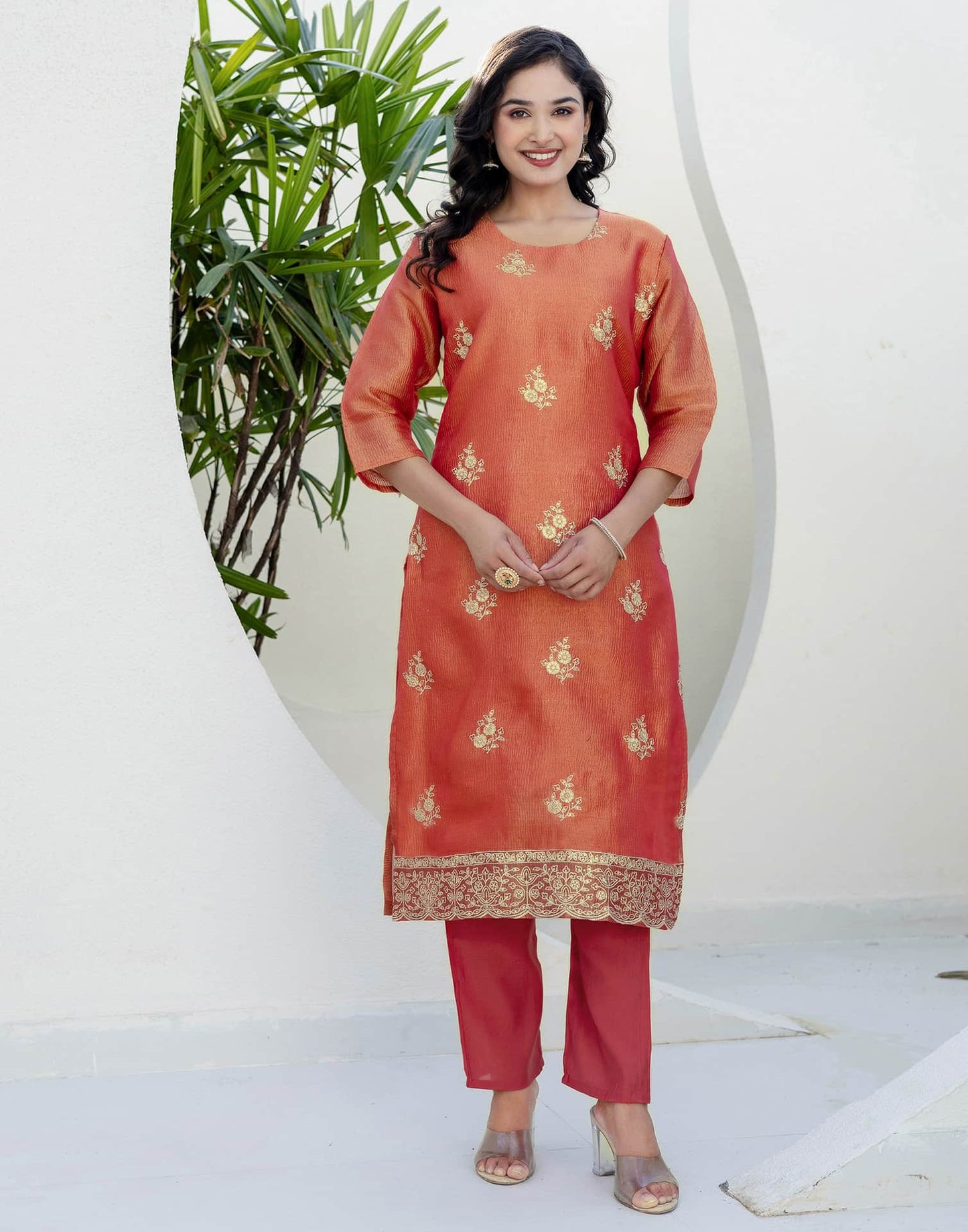 Silk Blend Embroidery and Sequins Work Straight Kurta with Pant & Dupatta