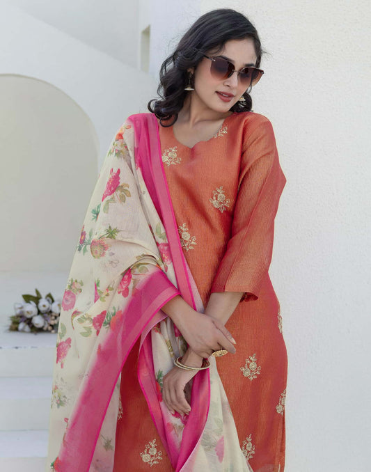 Silk Blend Embroidery and Sequins Work Straight Kurta with Pant & Dupatta
