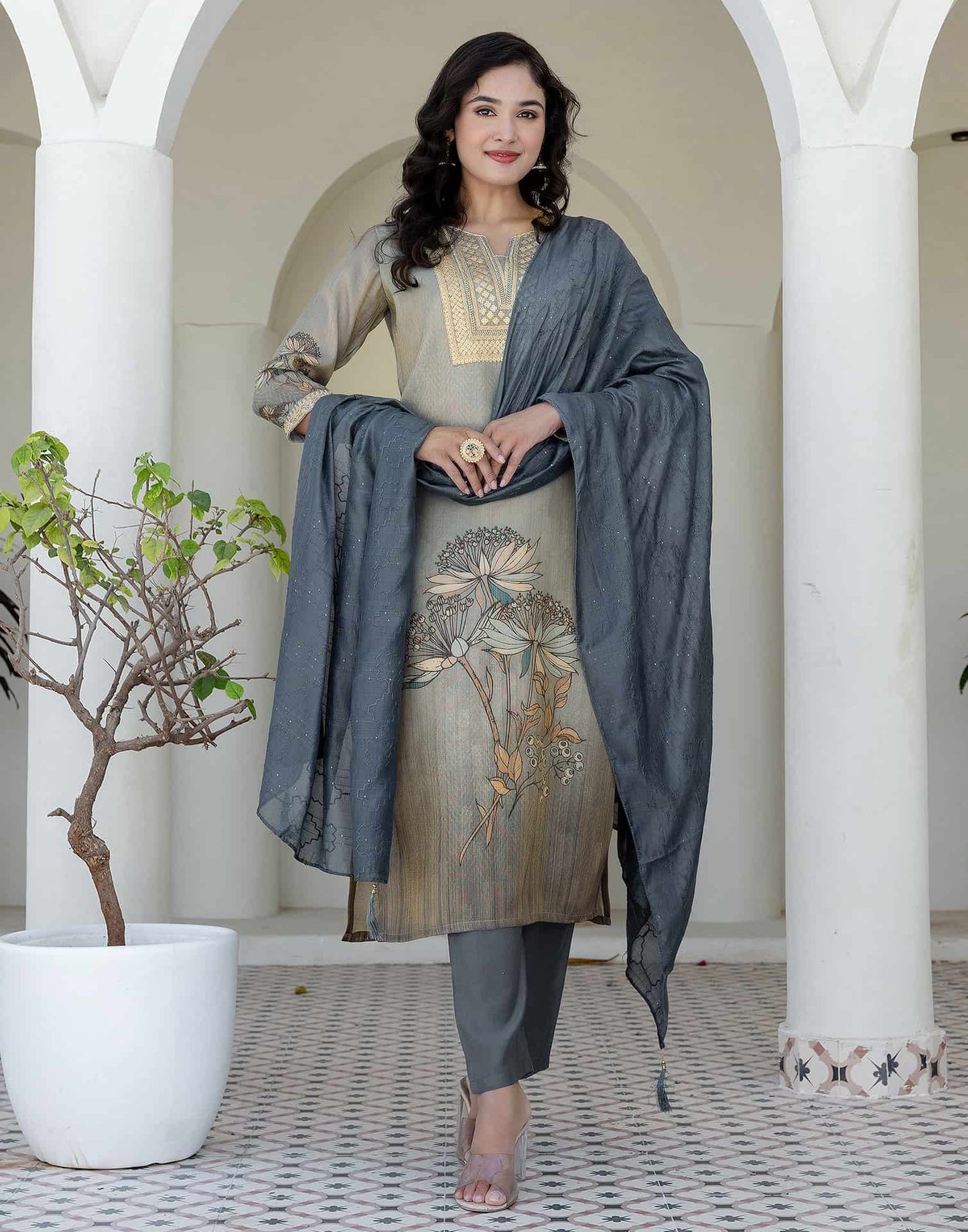 Silk Embroidered Straight Kurta with Pant & Dupatta