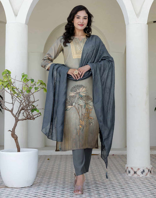 Silk Embroidered Straight Kurta with Pant & Dupatta