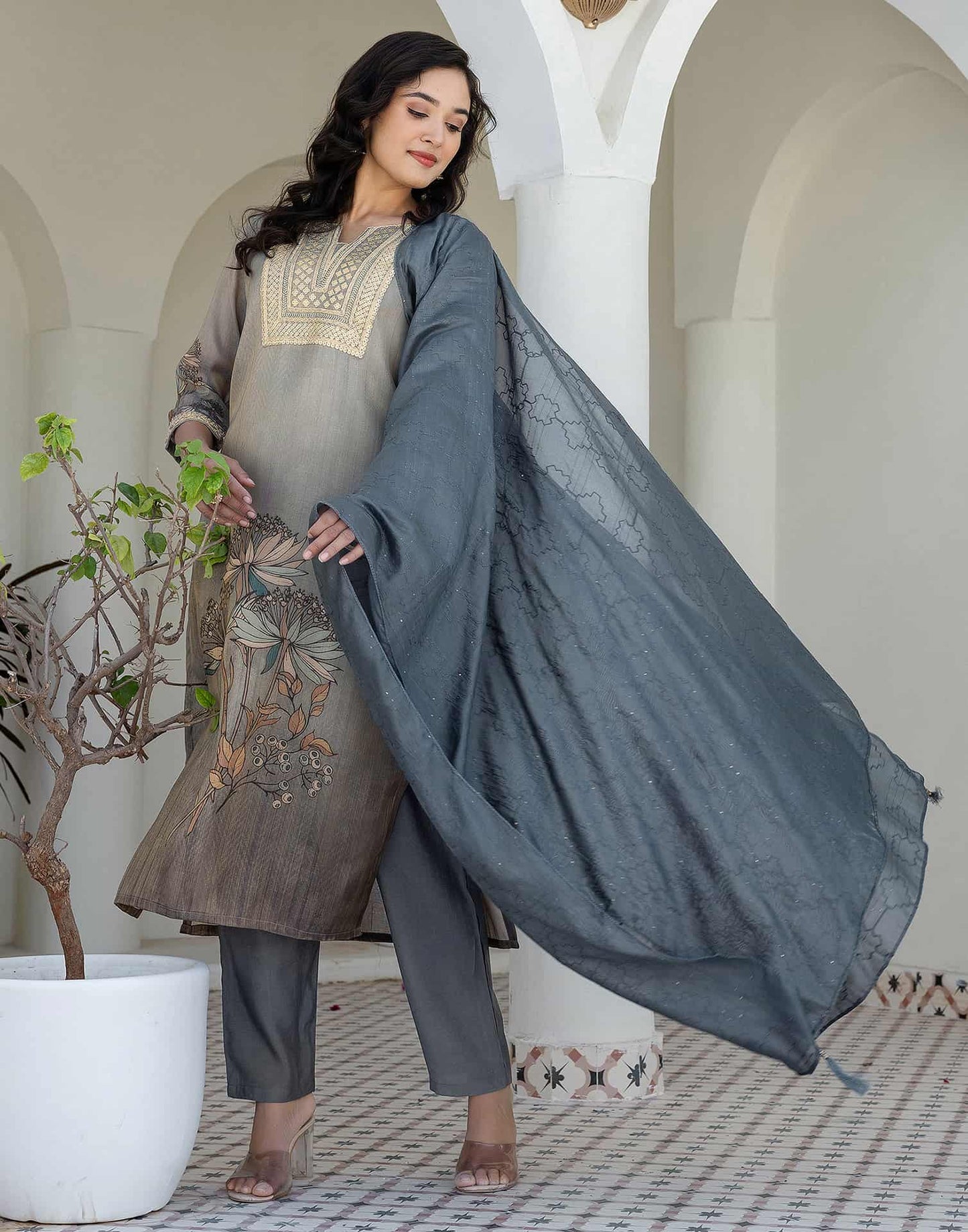 Silk Embroidered Straight Kurta with Pant & Dupatta