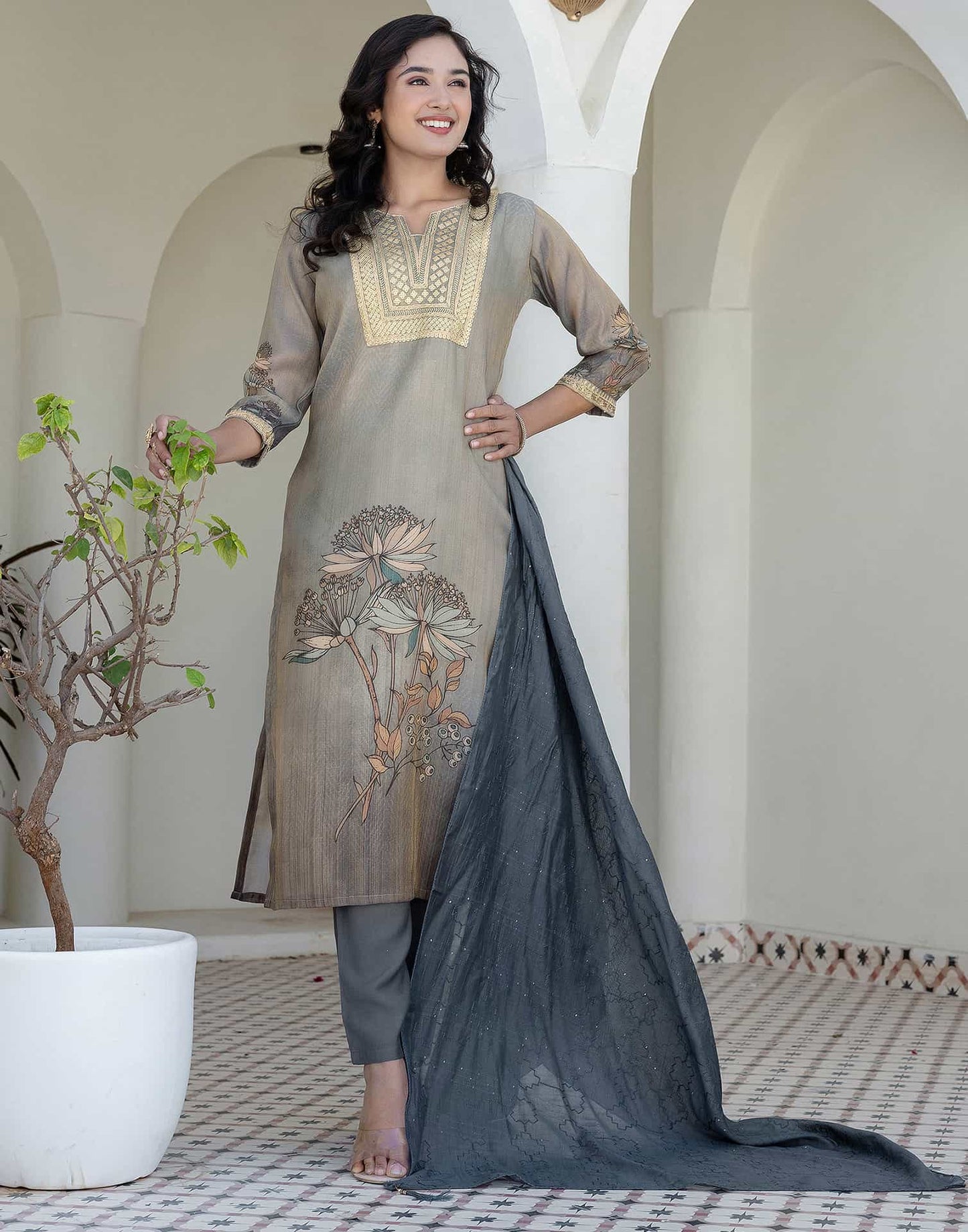 Silk Embroidered Straight Kurta with Pant & Dupatta