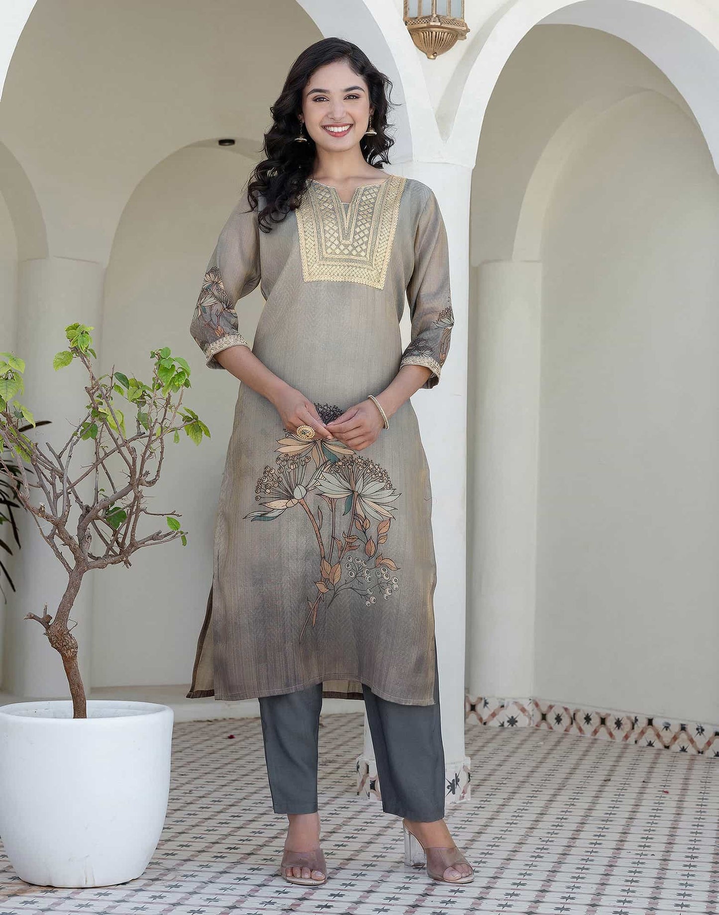 Silk Embroidered Straight Kurta with Pant & Dupatta