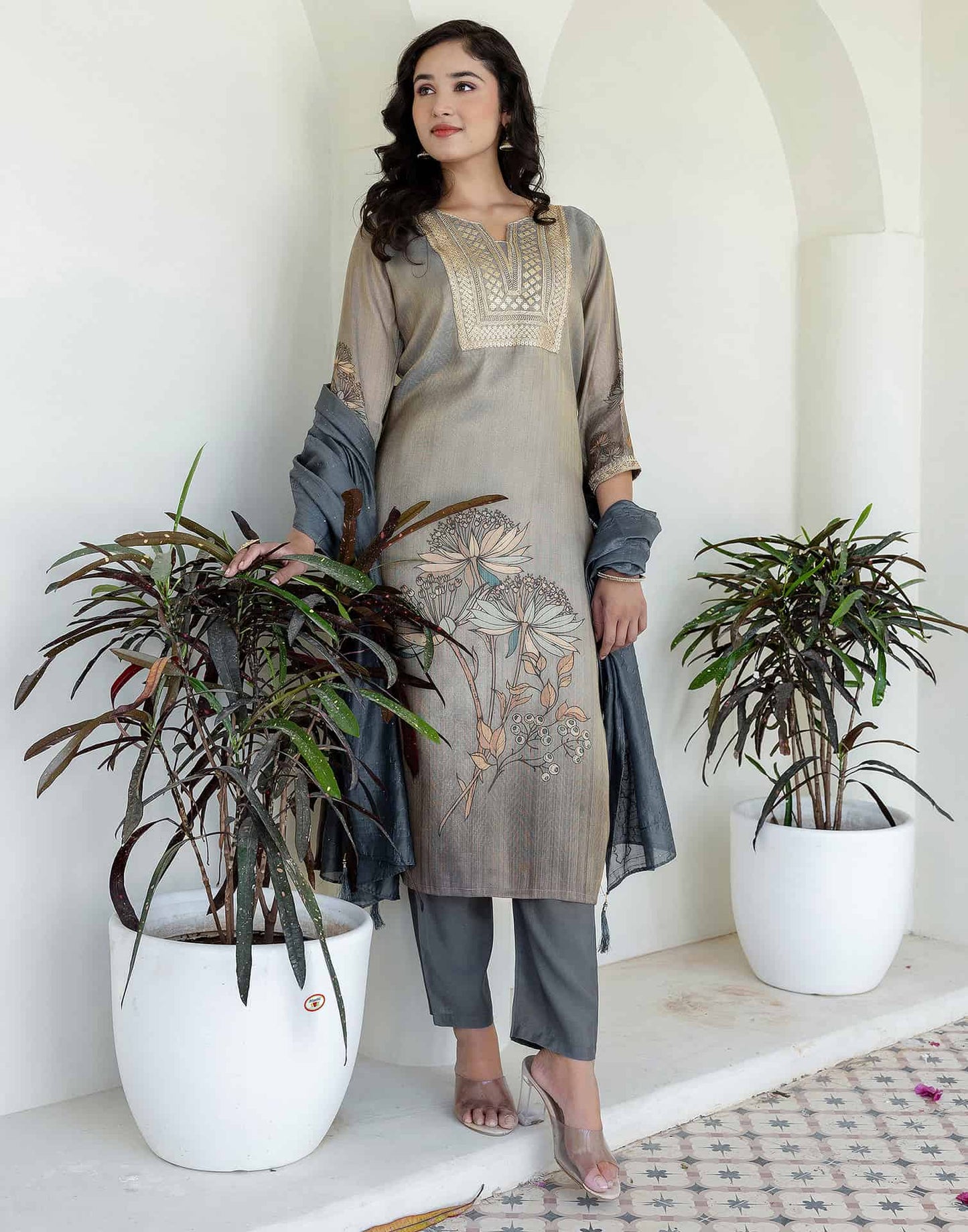 Silk Embroidered Straight Kurta with Pant & Dupatta