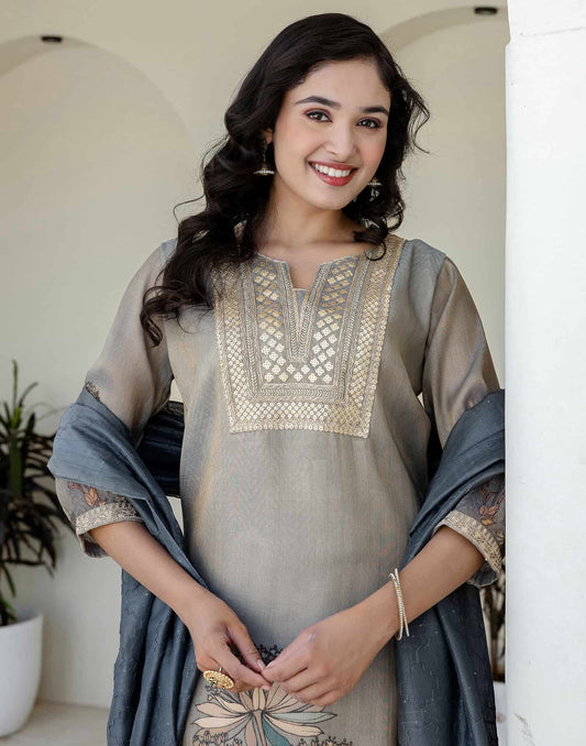 Silk Embroidered Straight Kurta with Pant & Dupatta