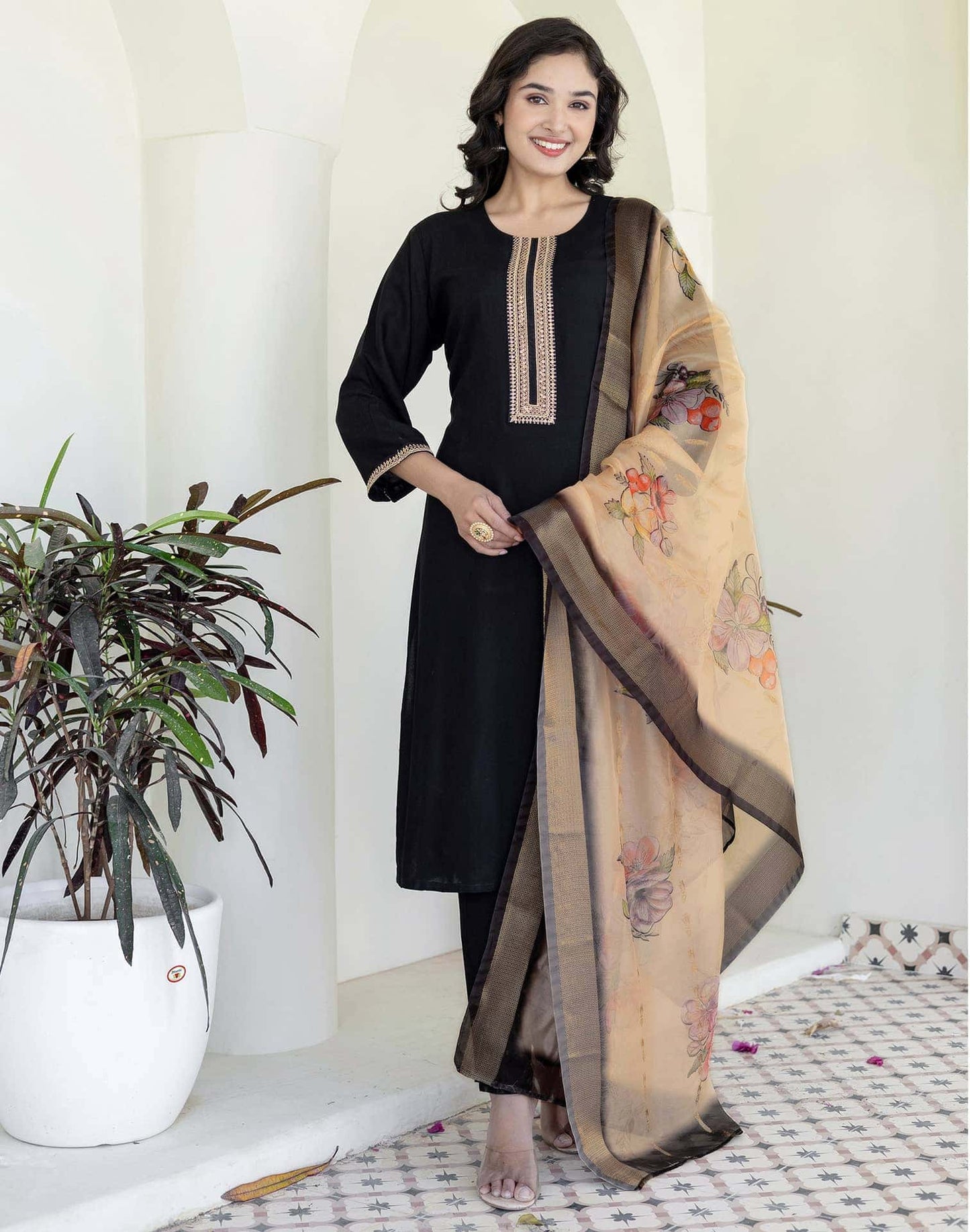 Rayon Sequins, Embroidery and Gota Lace Straight Kurta with Pant & Dupatta