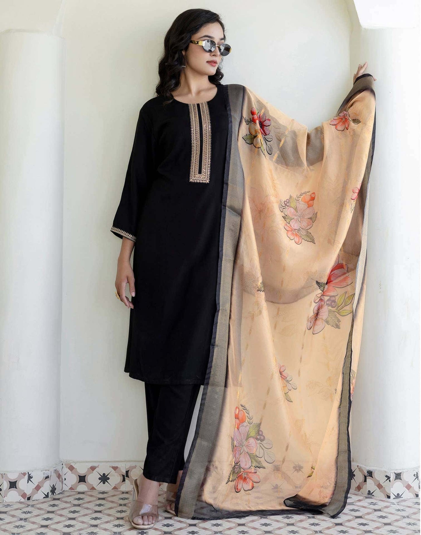 Rayon Sequins, Embroidery and Gota Lace Straight Kurta with Pant & Dupatta