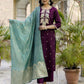 Affordable Wine silk heavy embroidered kurta set with dupatta