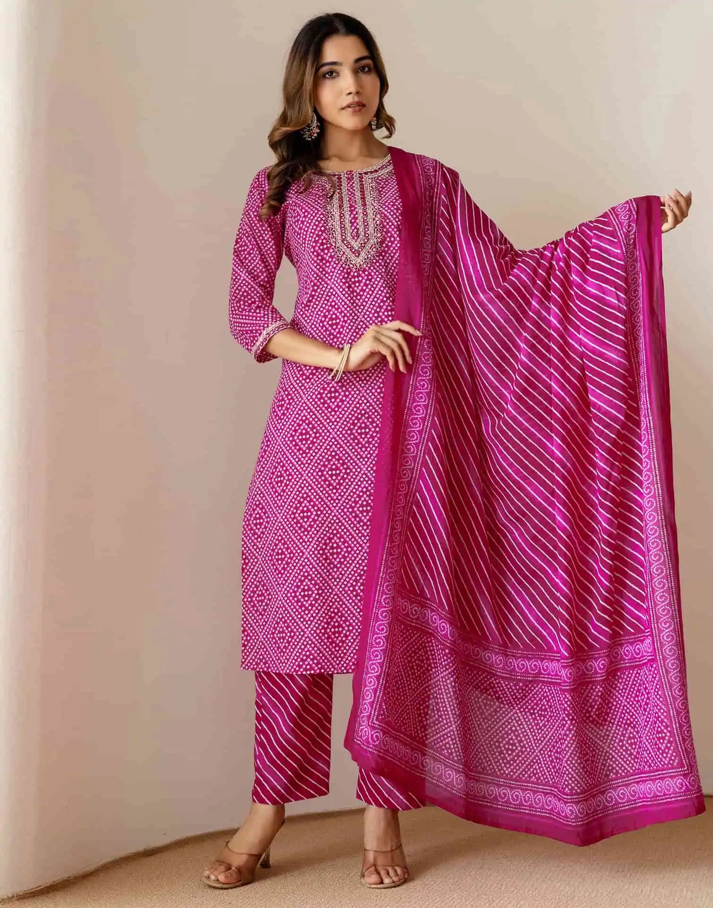 Pink Cotton Printed Kurta Set with Pant & Dupatta under 999