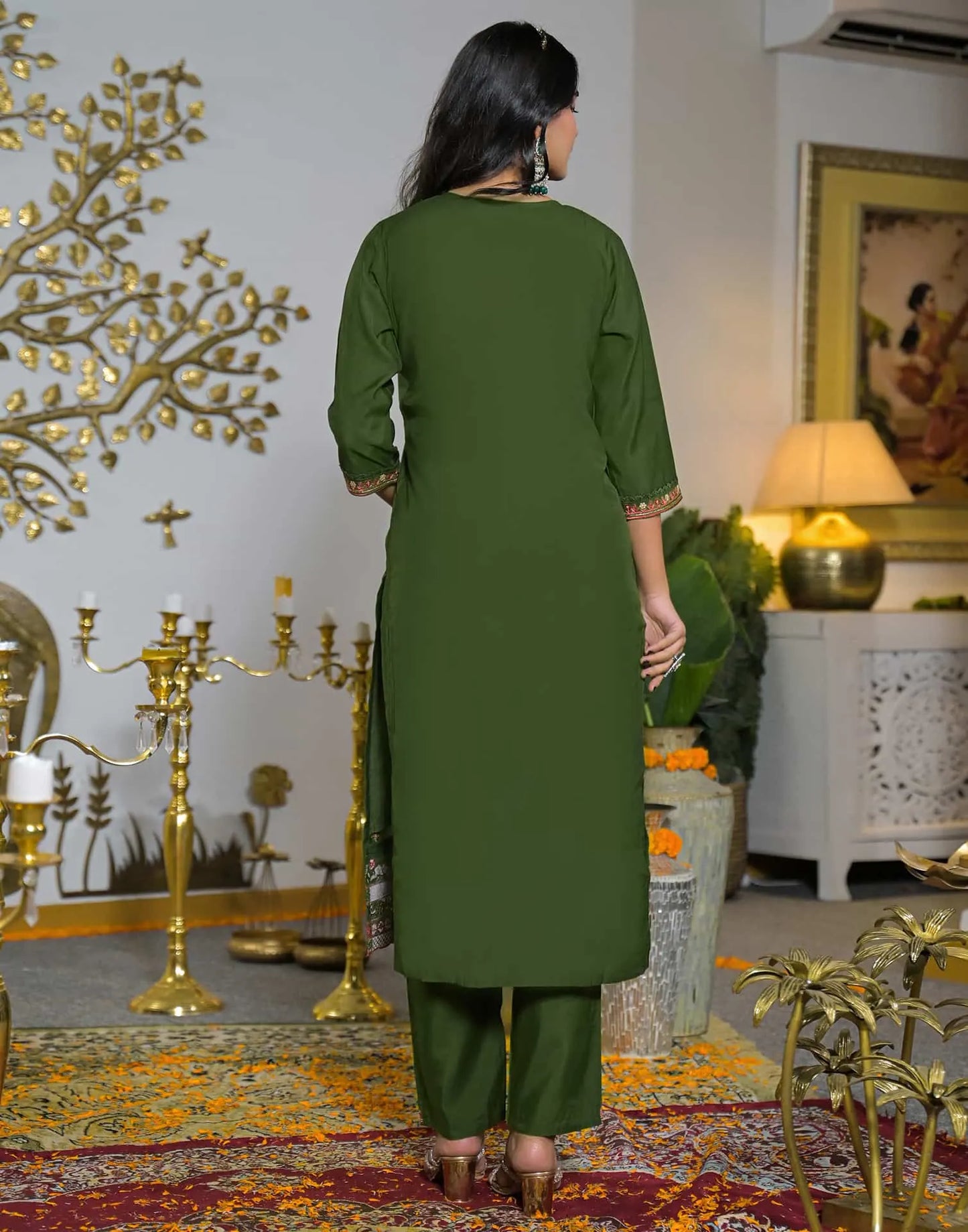 Silk Straight Embroidery Round Neck Kurta with Pant & Dupatta