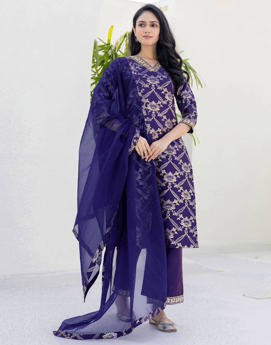 Silk Printed Straight Kurta with Pant & Dupatta