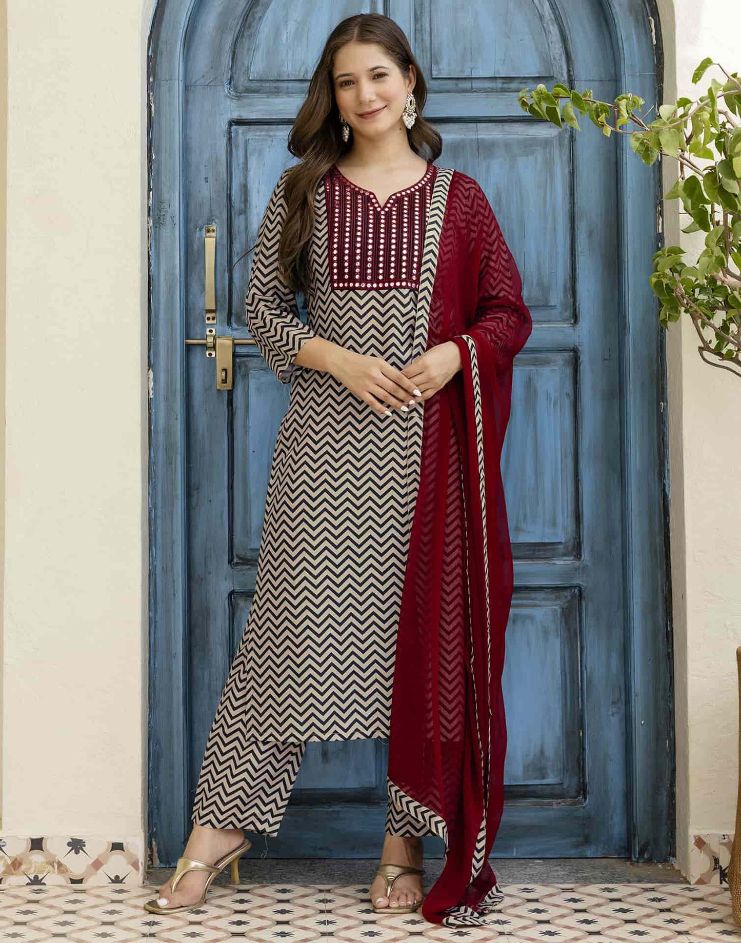 Cotton Blend Printed Straight Kurta with Pant & Dupatta
