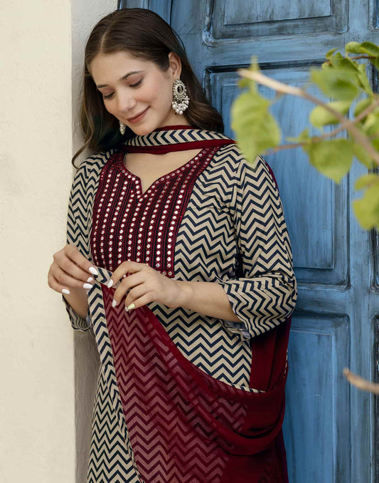 Cotton Blend Printed Straight Kurta with Pant & Dupatta