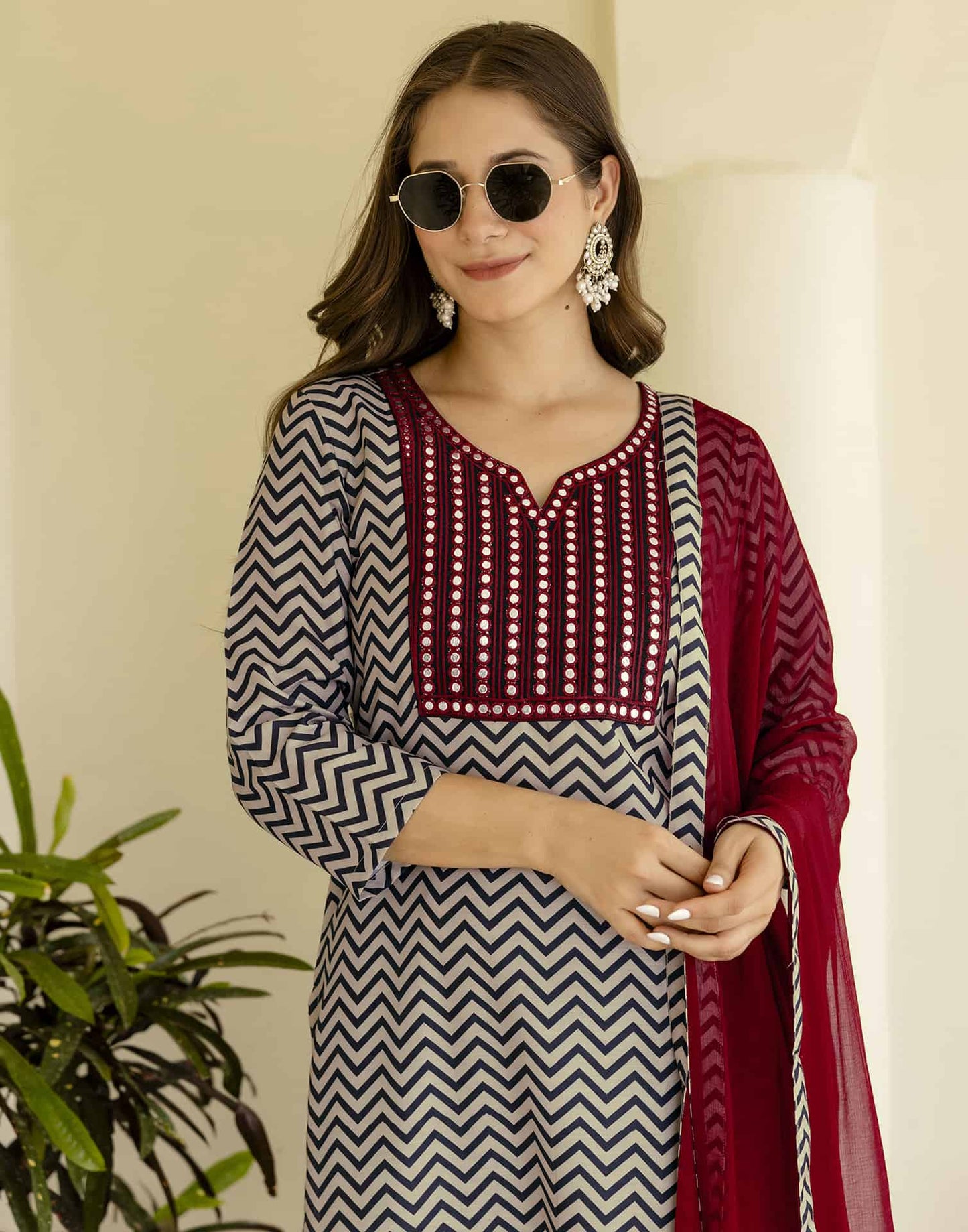 Cotton Blend Printed Straight Kurta with Pant & Dupatta
