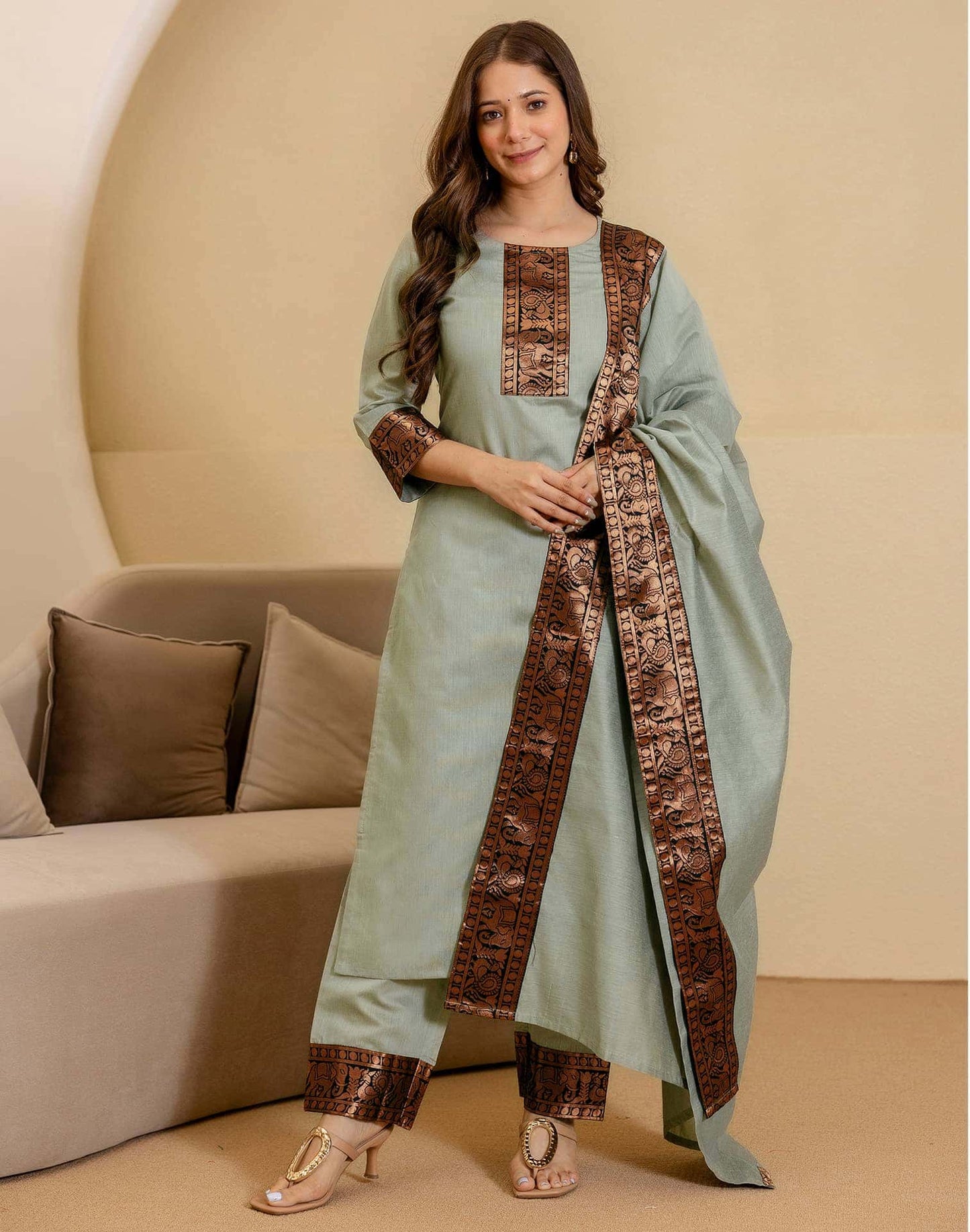 Chanderi Woven Straight Kurta with Pant & Dupatta
