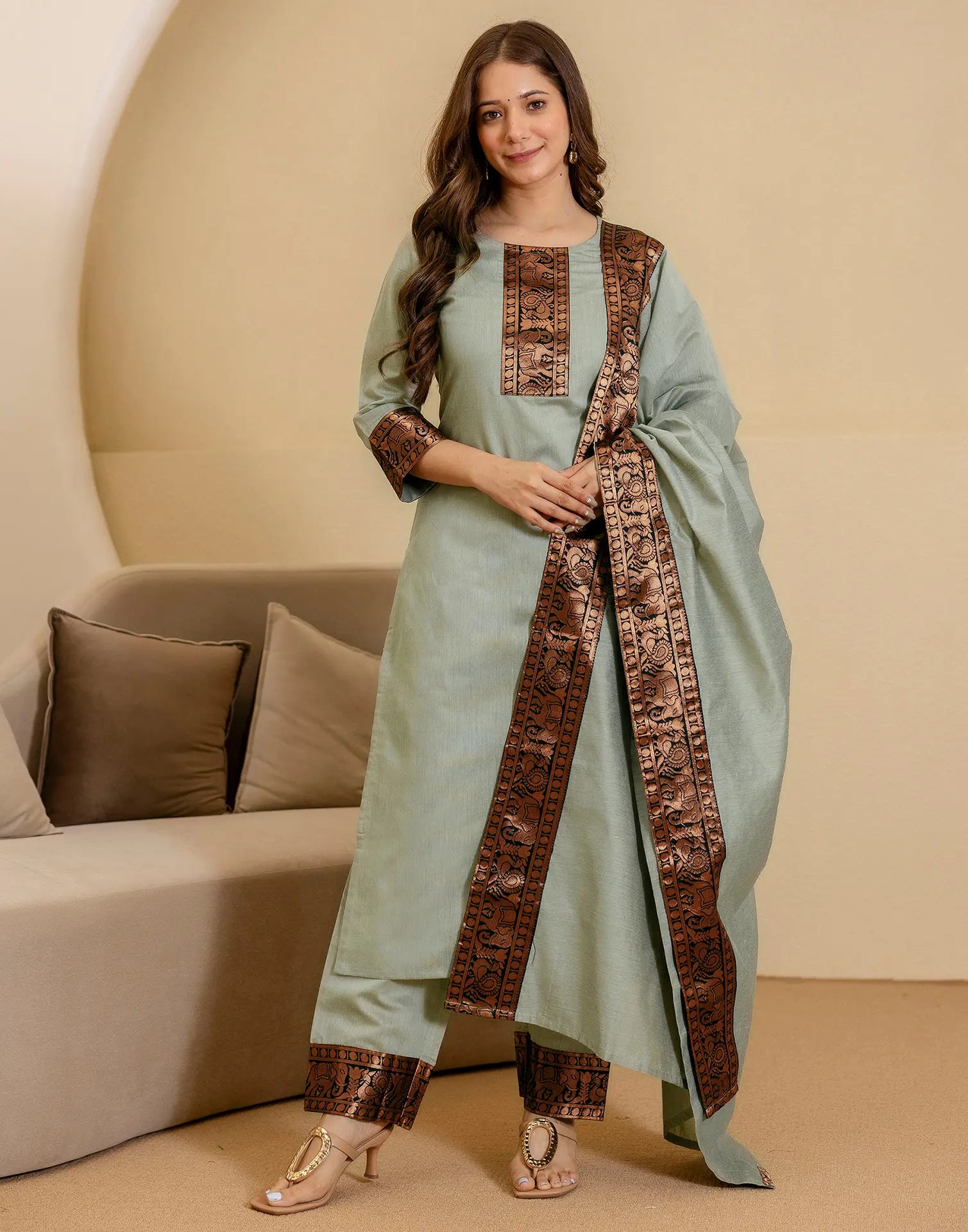Chanderi Woven Straight 3 Piece Kurta Set