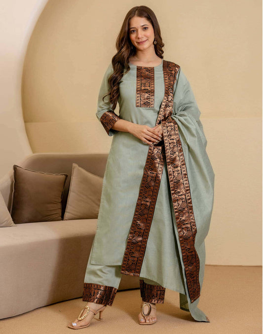 Chanderi Woven Straight Kurta with Pant & Dupatta