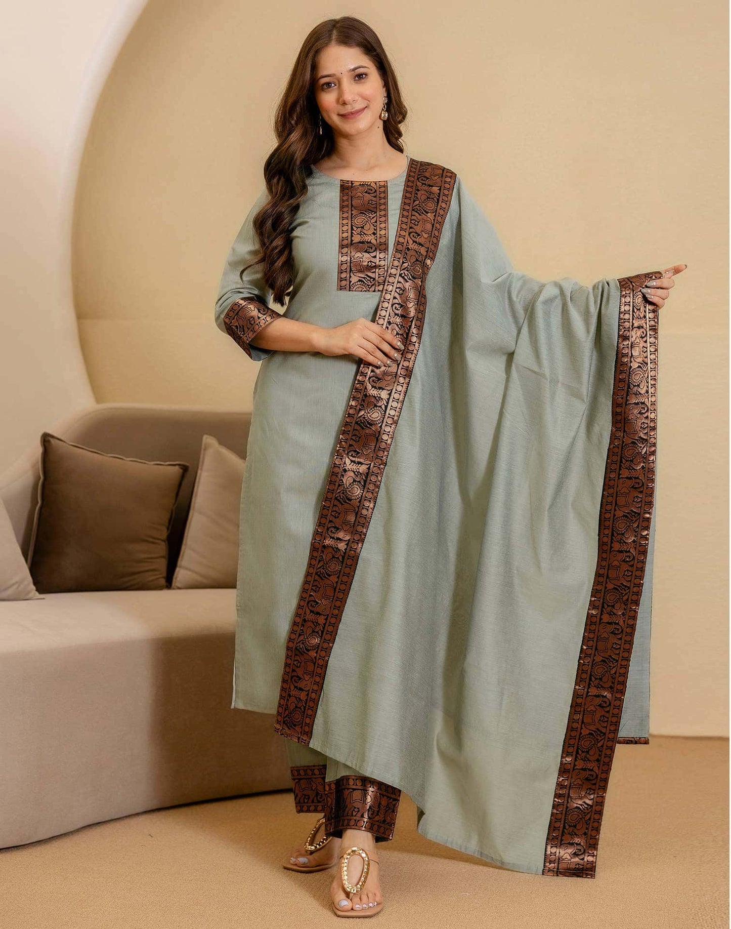 Chanderi Woven Straight Kurta with Pant & Dupatta
