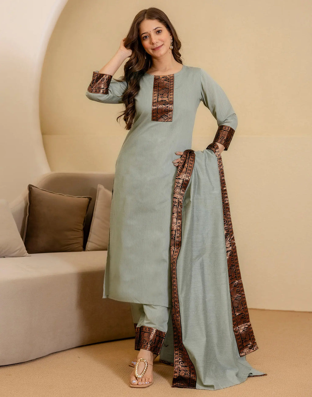 Chanderi Woven Straight 3 Piece Kurta Set