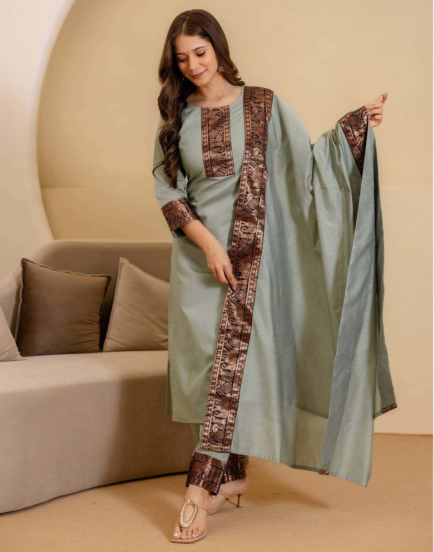 Chanderi Woven Straight Kurta with Pant & Dupatta