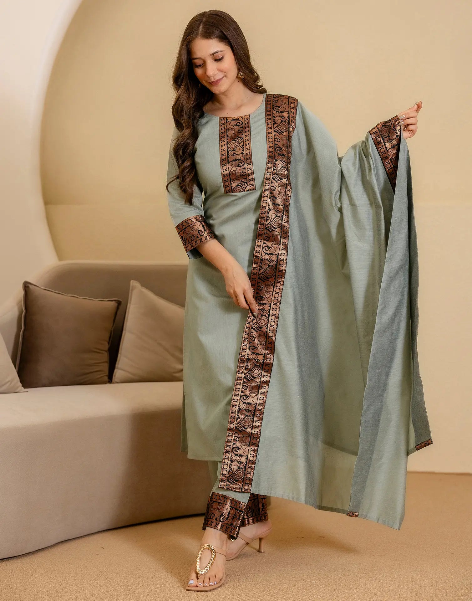 Chanderi Woven Straight 3 Piece Kurta Set
