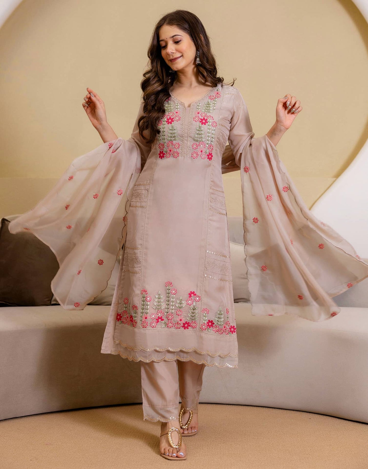 Silk Blend Embroidered A-Line Kurta with Pant & Dupatta