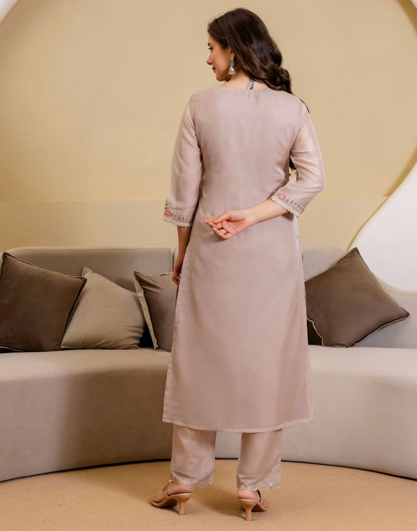Silk Blend Embroidered A-Line Kurta with Pant & Dupatta
