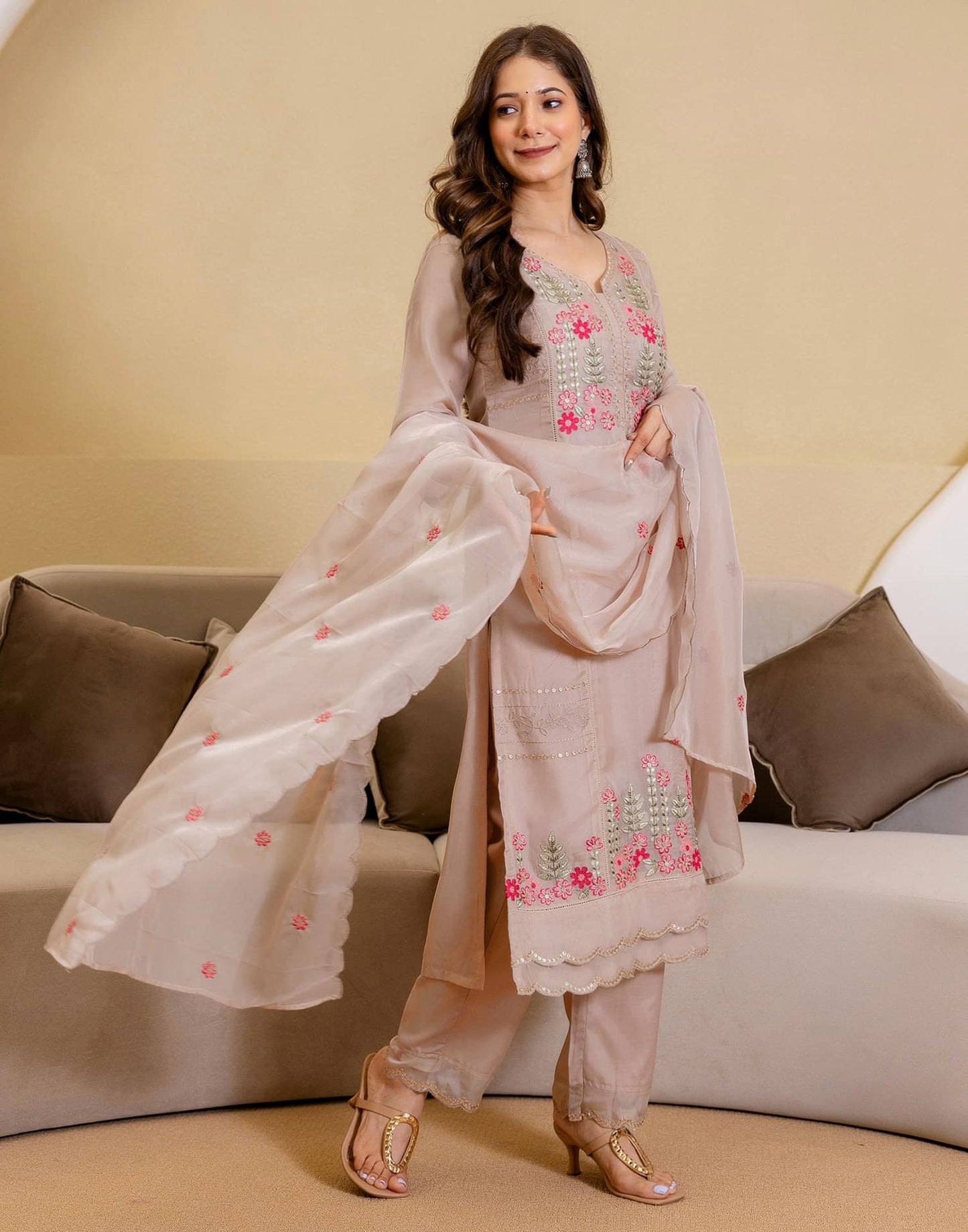 Silk Blend Embroidered A-Line Kurta with Pant & Dupatta
