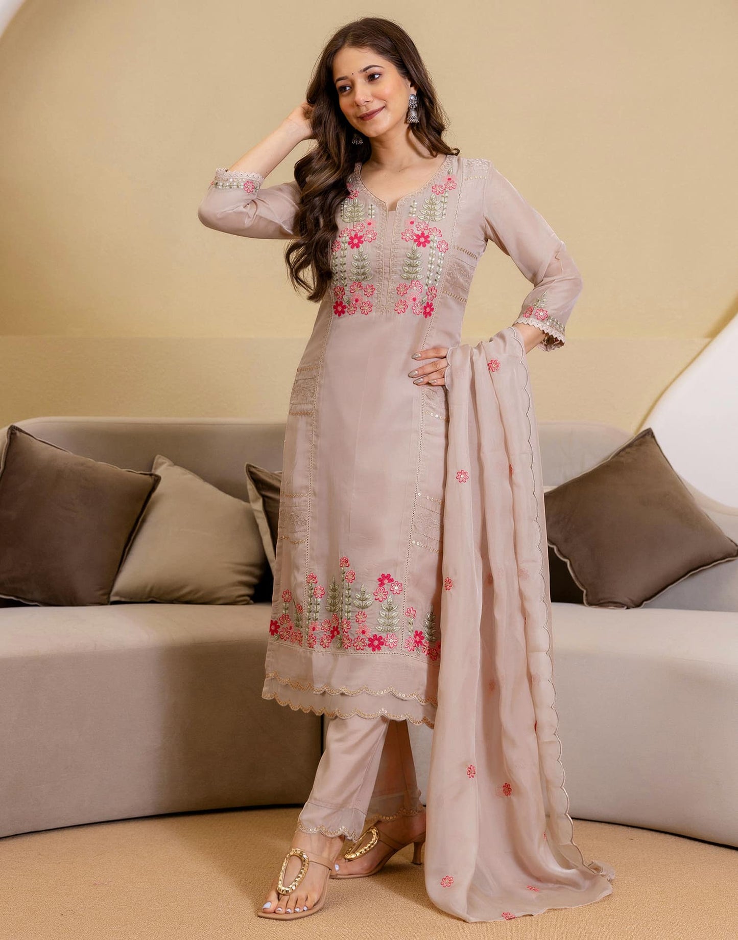 Silk Blend Embroidered A-Line Kurta with Pant & Dupatta