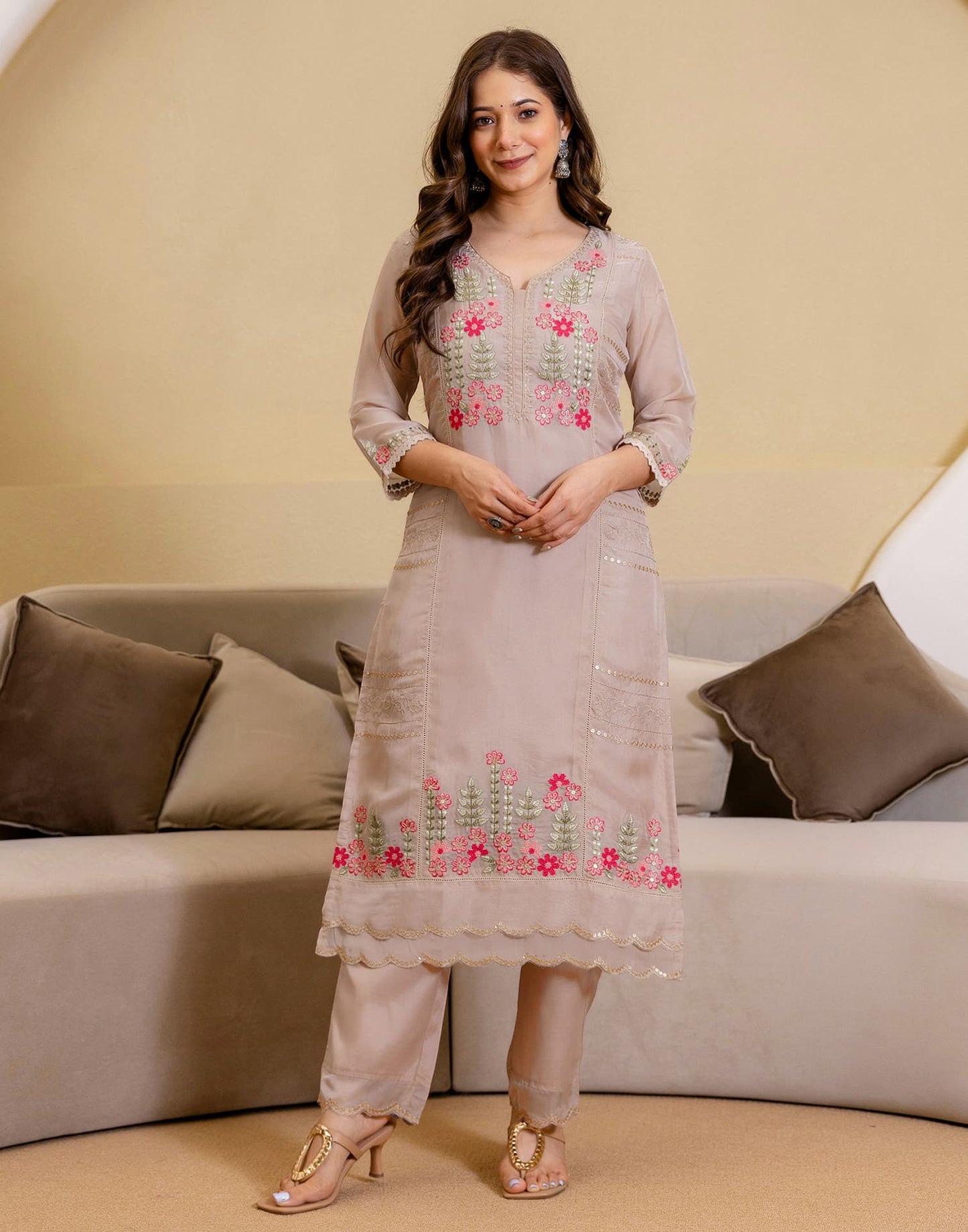 Silk Blend Embroidered A-Line Kurta with Pant & Dupatta