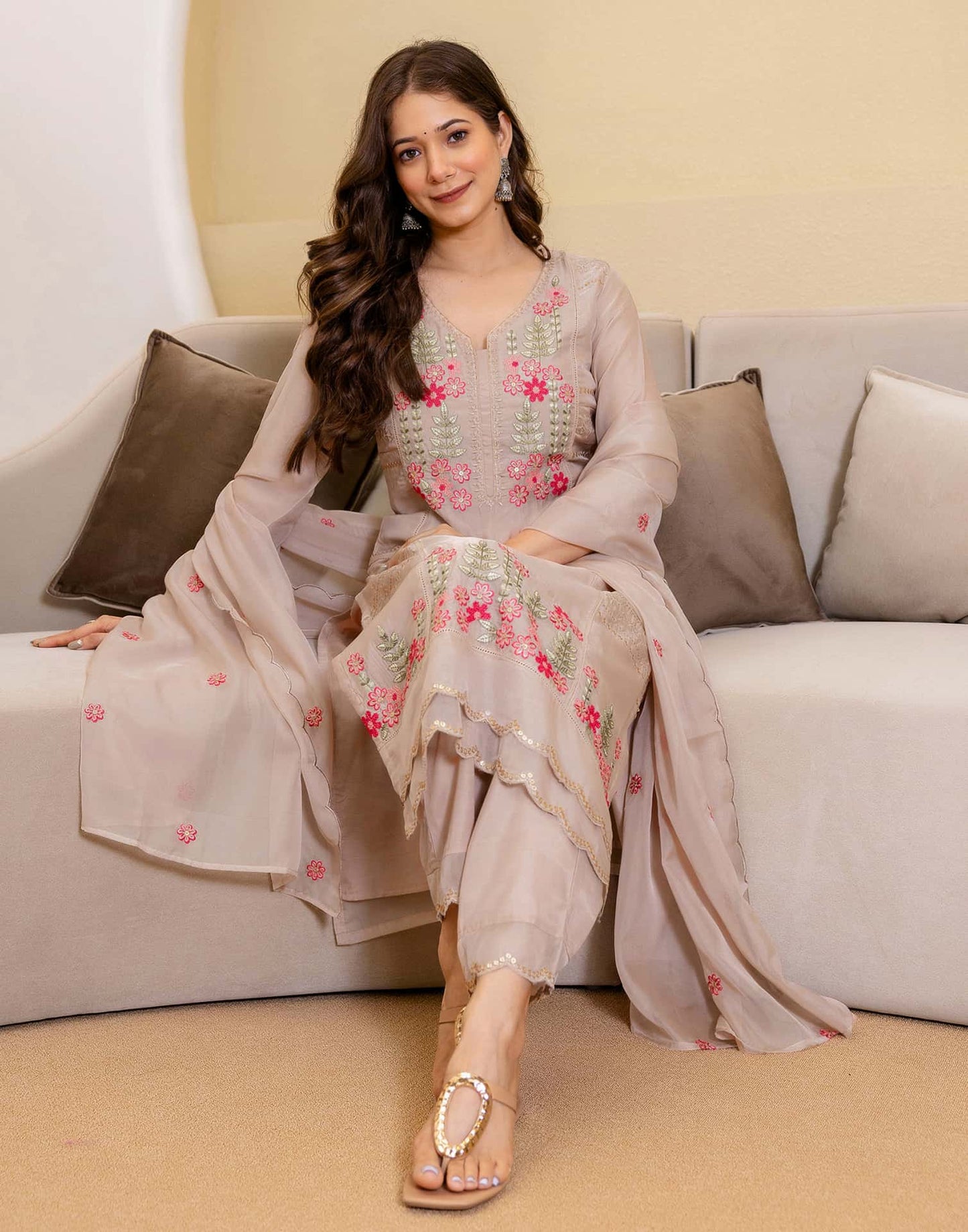 Silk Blend Embroidered A-Line Kurta with Pant & Dupatta