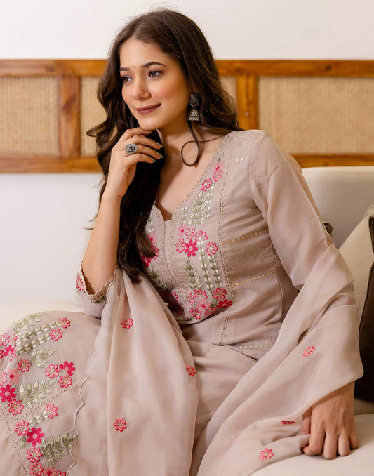 Silk Blend Embroidered A-Line Kurta with Pant & Dupatta
