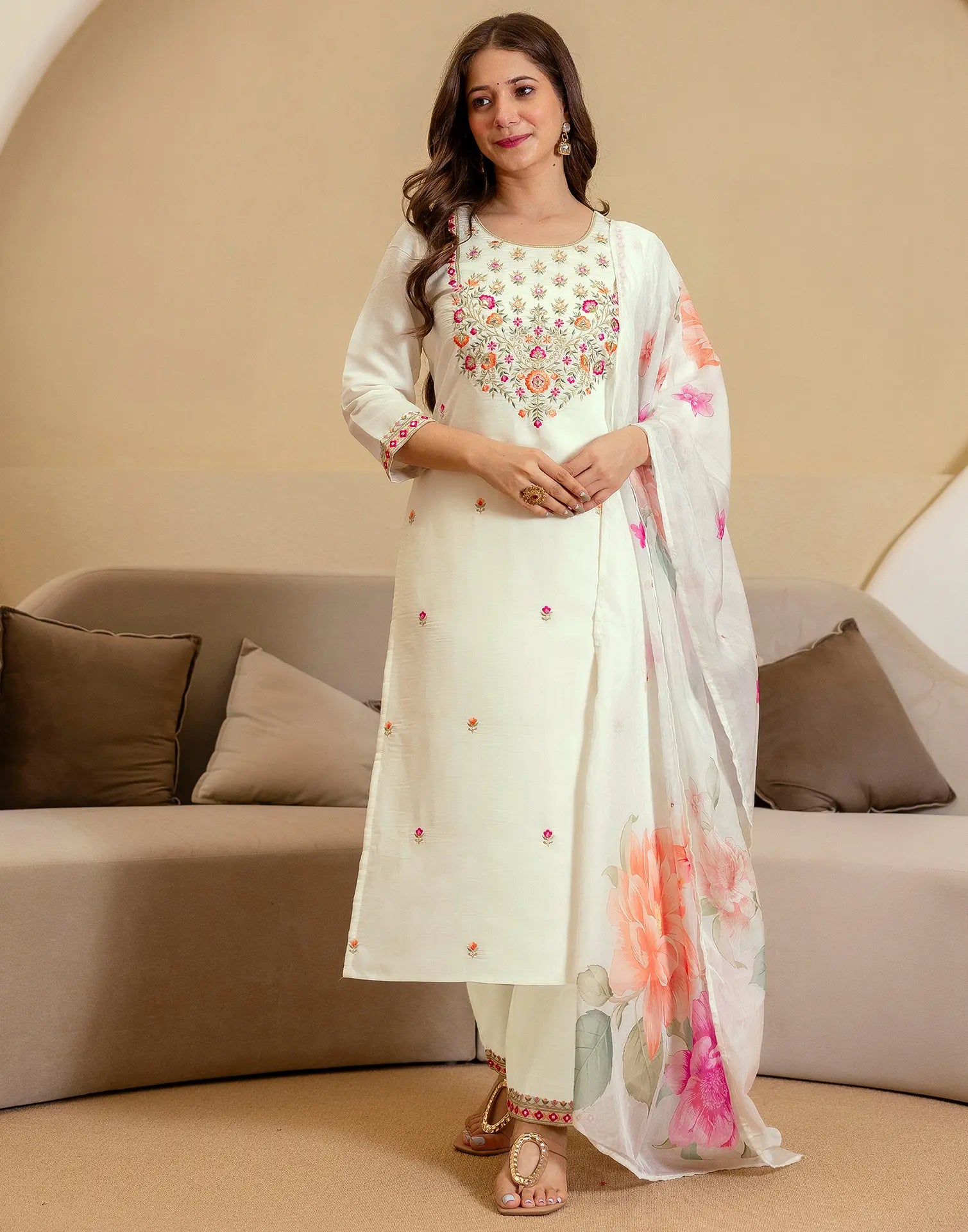 Silk Blend Embroidered Straight 3 Piece Kurta Set