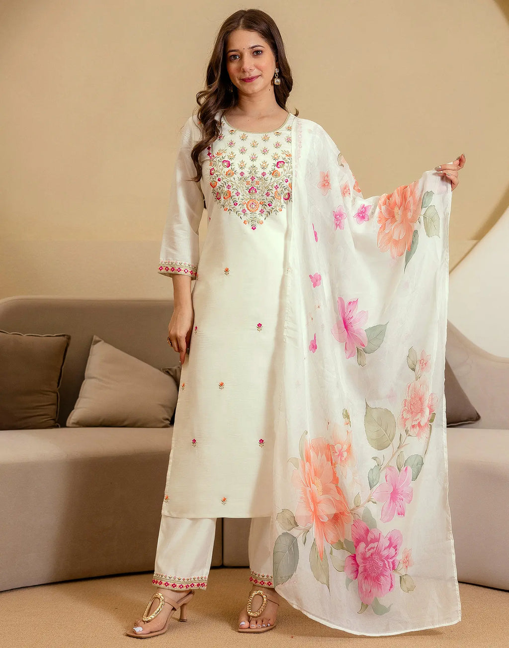 Silk Blend Embroidered Straight 3 Piece Kurta Set