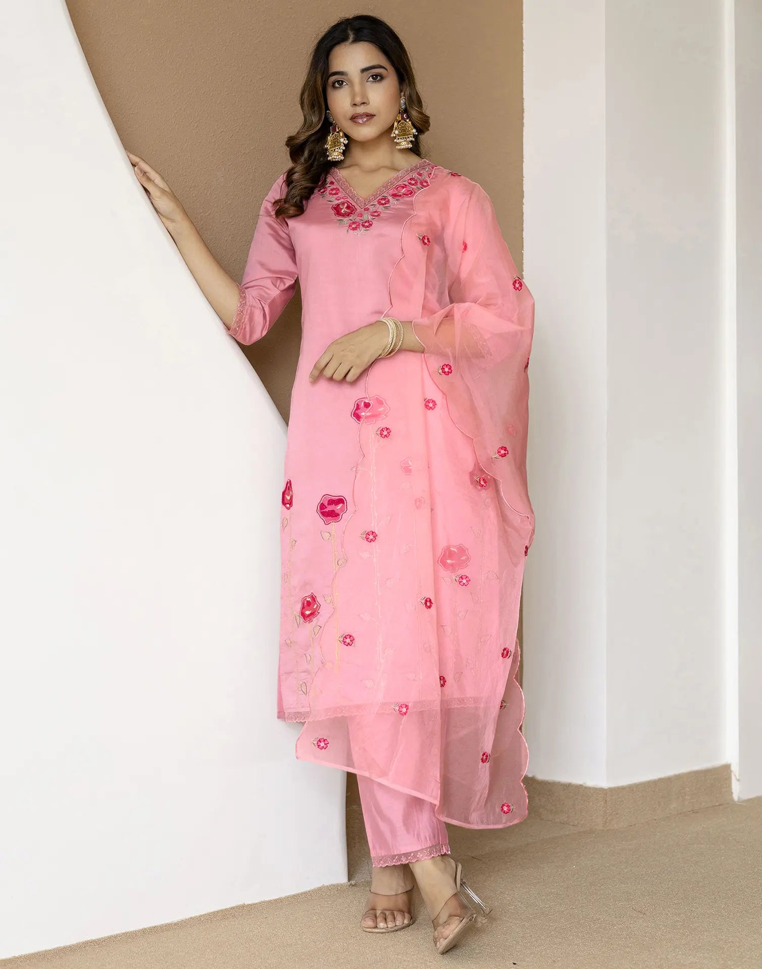 Silk Blend Embroidered Straight 3 Piece Kurta Set