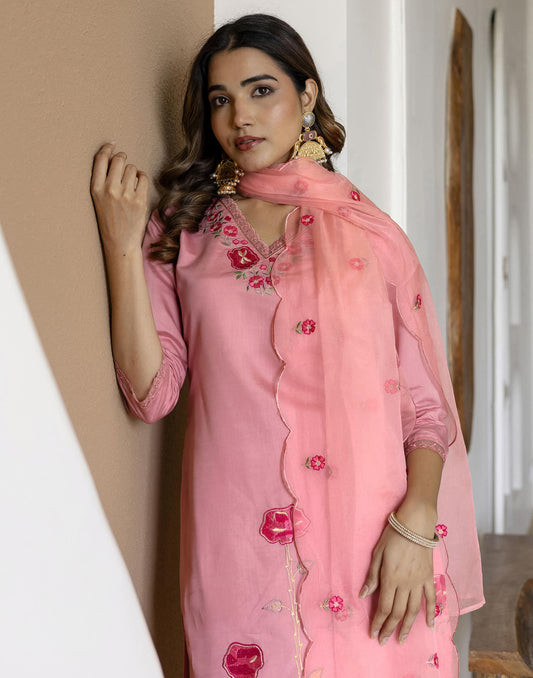 Silk Blend Embroidered Straight Kurta with Pant & Dupatta