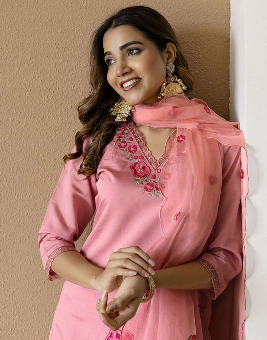 Silk Blend Embroidered Straight Kurta with Pant & Dupatta