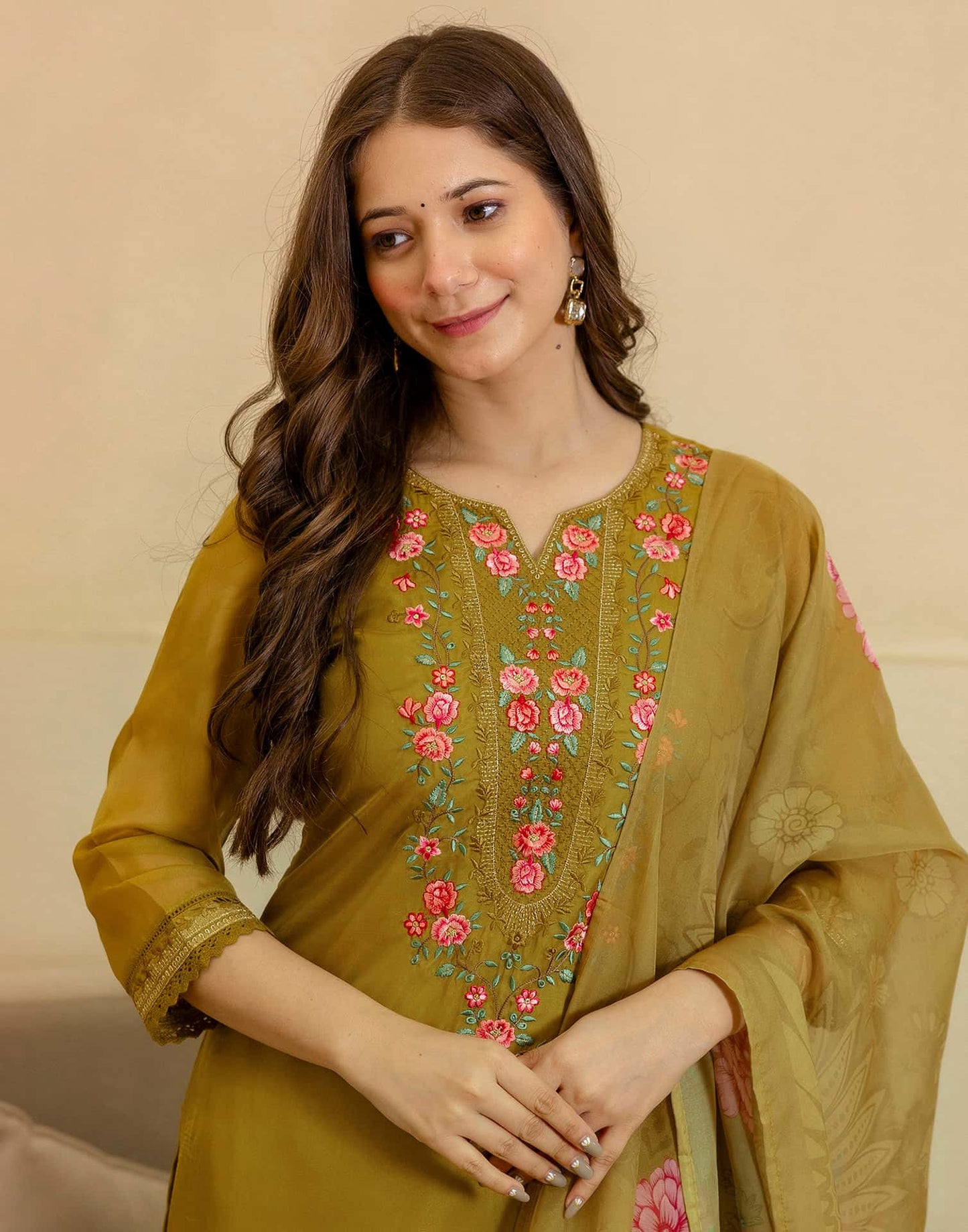 Silk Blend Embroidered Straight Kurta with Pant & Dupatta