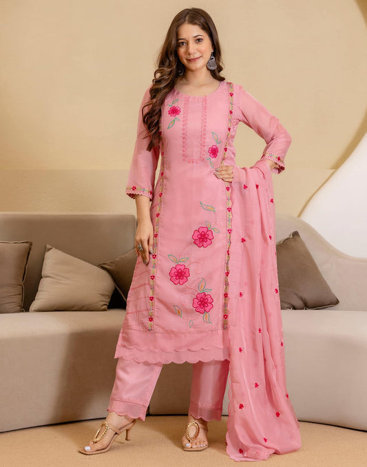 Silk Embroidered Straight Kurta with Pant & Dupatta