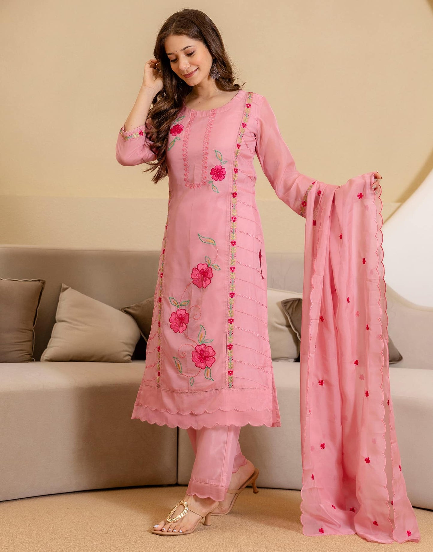 Silk Embroidered Straight Kurta with Pant & Dupatta