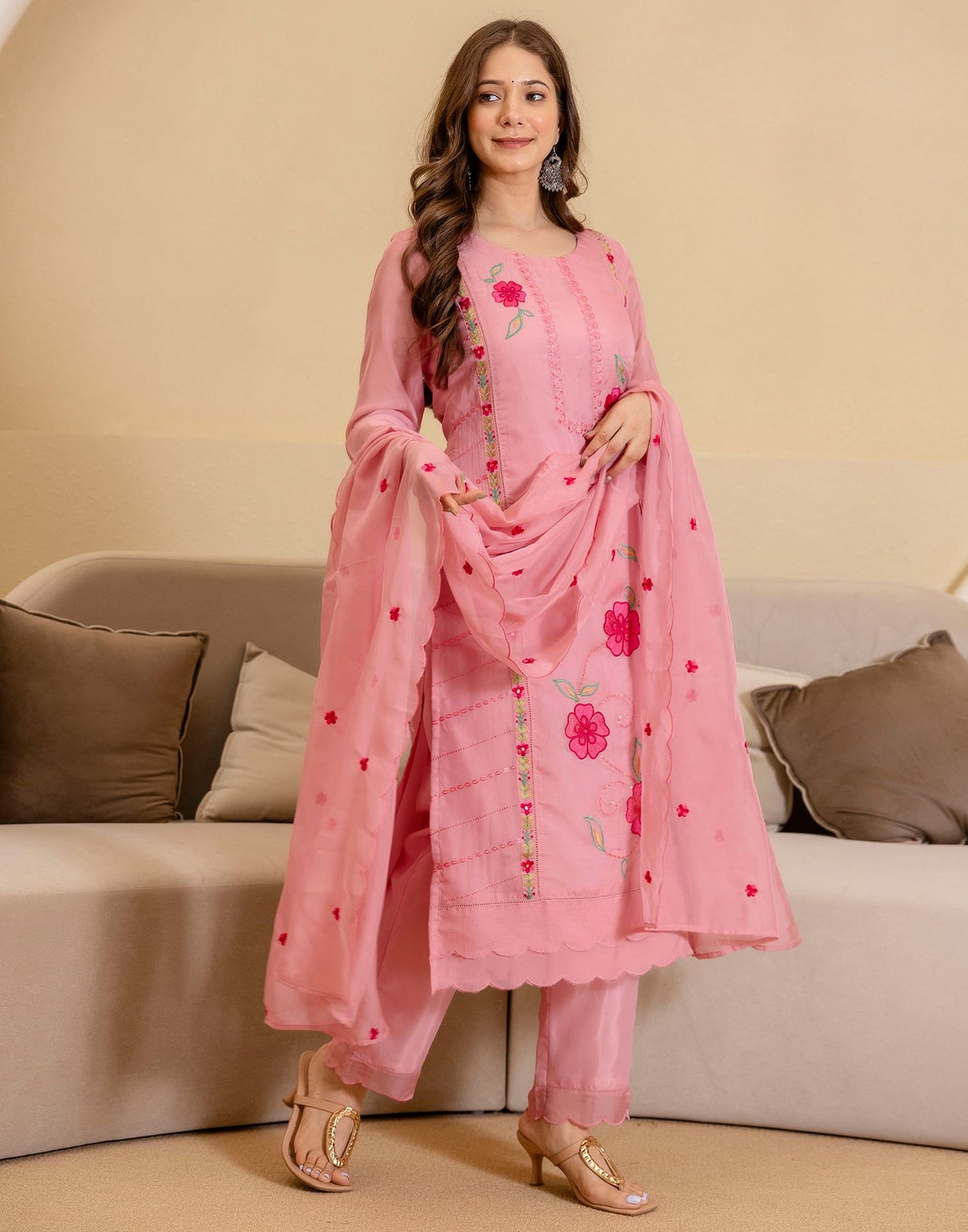 Silk Embroidered Straight Kurta with Pant & Dupatta